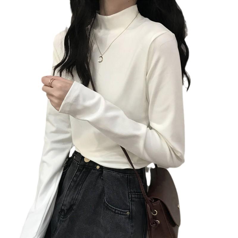 Velvet Semi-High Neck Long-Sleeve Shirt - Slimming & Warm Women's Autumn/Winter Top