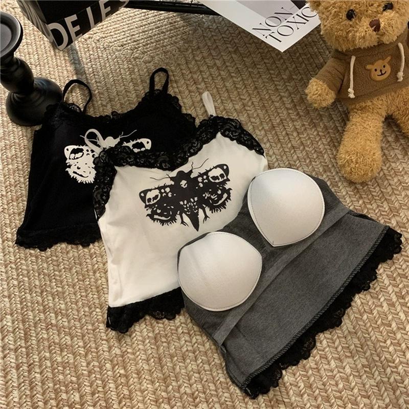 Summer Women Lace With Chest Pads Sling Tops Female Straps Tank Tops Harajuku Streetwear Camisole Sexy Butterfly Printed Crop Tops