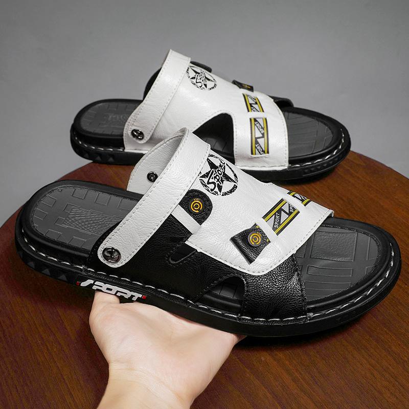 Slippers for men, genuine leather for summer leisure beach sandals, Korean version for men, personalized external wear sandals,