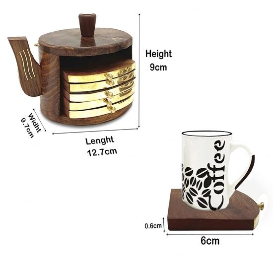 Wood Kettle Shape Coasters for Tea Cups Coffee Mugs Beer Cans Bar Tumblers or Water Glasses Set of 6, Brass Embedded Design Coaster