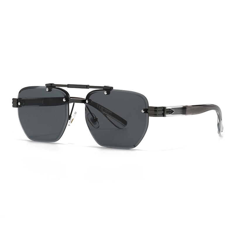 Double-beam frameless square sunglasses, retro metal trimmed sunglasses, unisex driving sunshades.