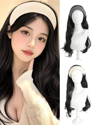 Synthetic Head-band Wigs, 24 Inch Long Wigs With Knitted Grey or Beige Detachable Headband For Girls, Synthetic Fiber Hair Wig For Everyday Use