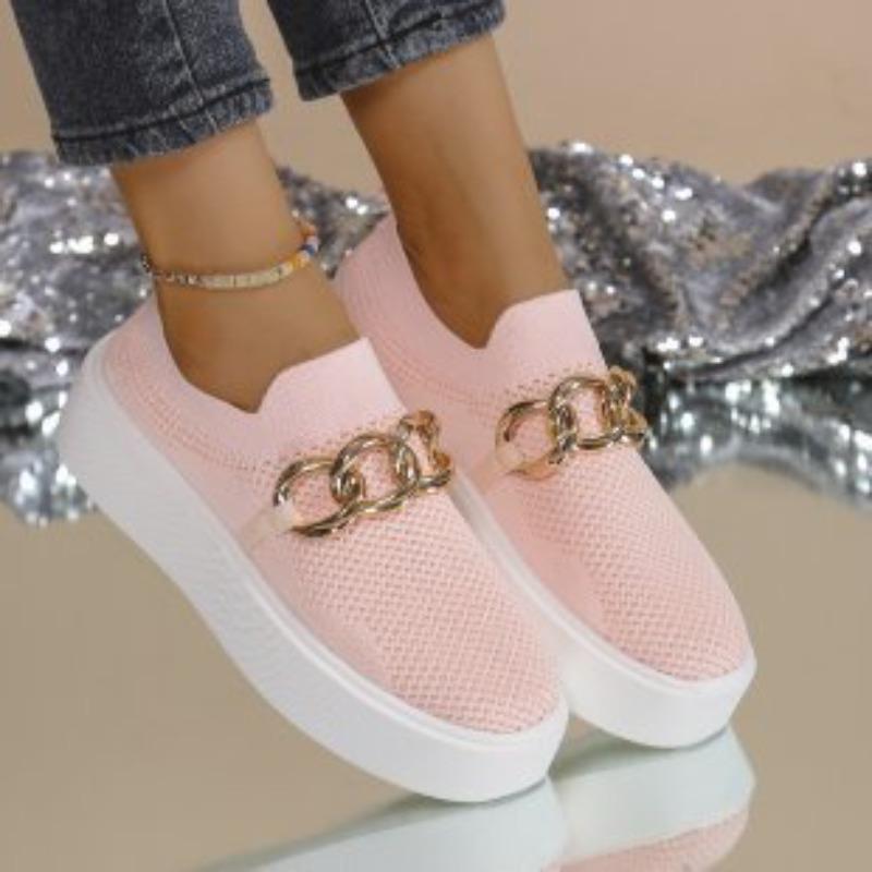Damen atmungsaktive Strick-Loafer mit dicker Sohle und Kettendetail, lässige Komfort-Schuhe zum Hineinschlüpfen.