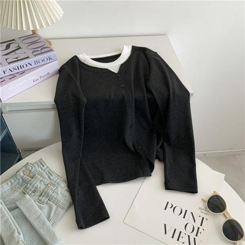 

Single-breasted Fake Two-piece Long-sleeved Bottoming Shirt Spring Loose Slimming Color-blocked Brushed Top T-shirt L чорний