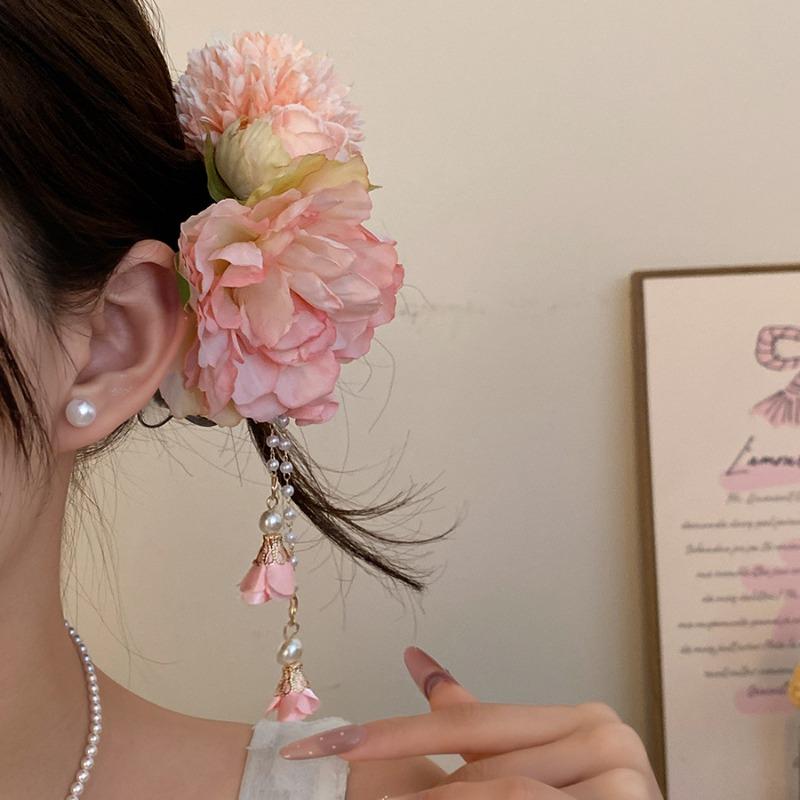 Bohemian Artificial Peony Flower Hair Clips Women French Imitation Pearl Long Chain Tassel Hair Accessories Vacation Party K1