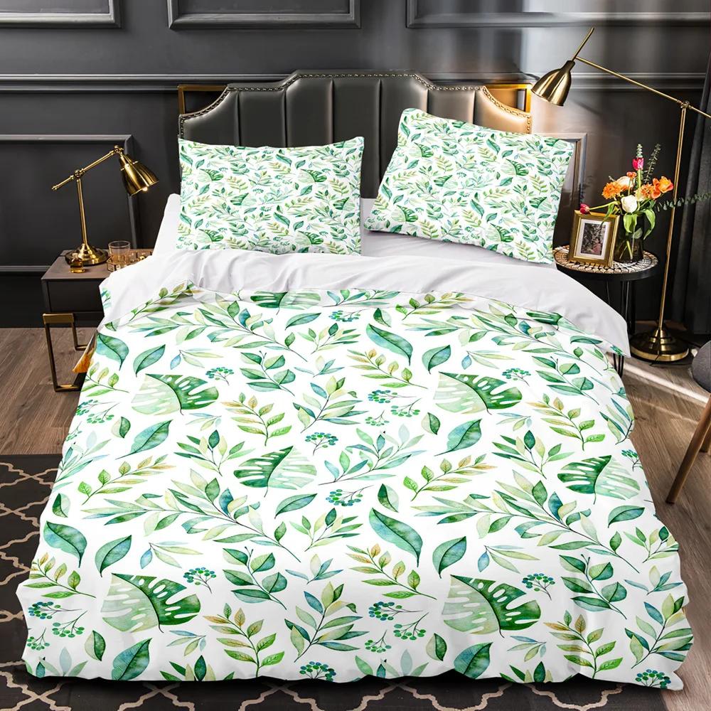 Tropical Plants Floral King Queen Duvet Cover Green Palm Leaves Bedding Set Cream-colored Flowers 2/3pcs Polyester Quilt Cover