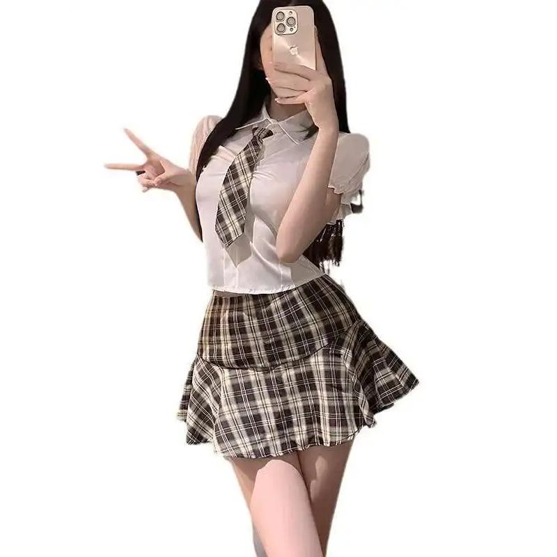 New College Style Sweet Girl Student Dress Strap Temptation Waist Skorts Two Piece Skirt Shirt Sex Uniform Set Sweet BUJ7