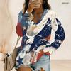 Women Plus Size V Neck Long Sleeve Printed Top Red White Blue Star Striped Curved Hem