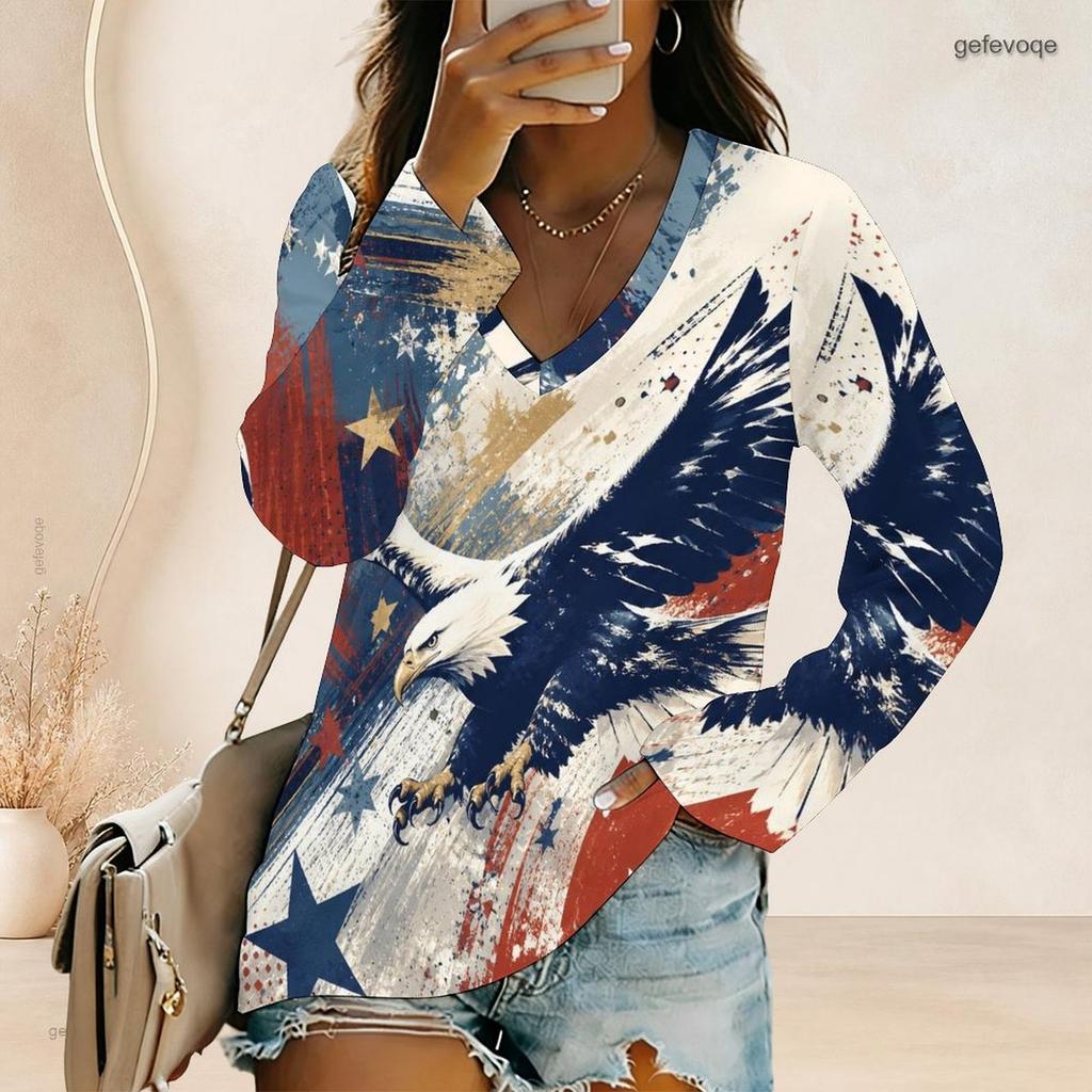 Women Plus Size V Neck Long Sleeve Printed Top Red White Blue Star Striped Curved Hem