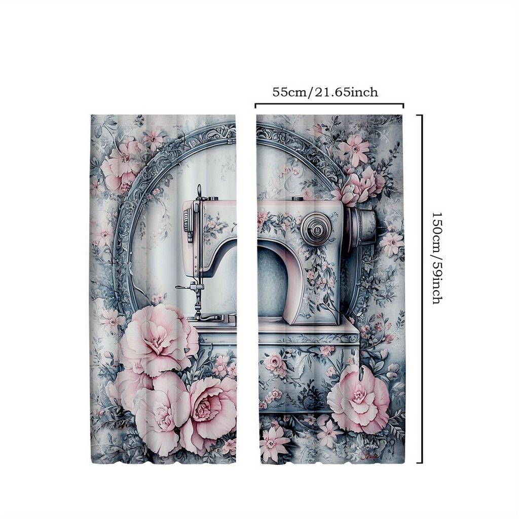 2pcs Vintage Sewing Machine Blackout Curtains   Colorful Floral Print   Rustic Rod Pocket Drapes for Bedroom & Living Room   Semi-T