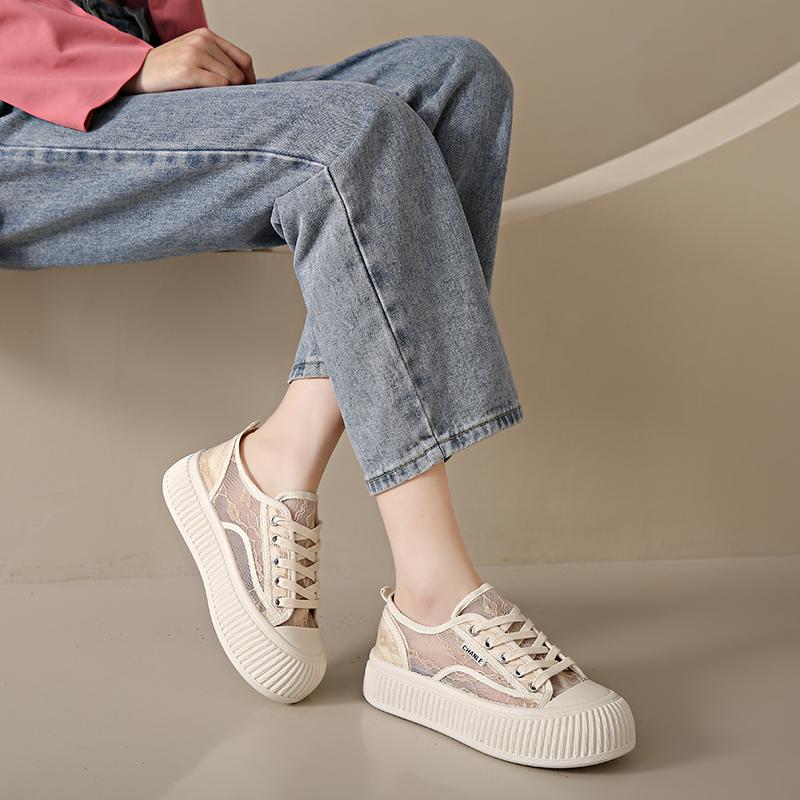 Fashion CRLAYDK Lace Jacquard Skate Shoes for Women Summer Breathable Low Top Walking Sneakers Ladies Lace Up Casual Platform Tennis