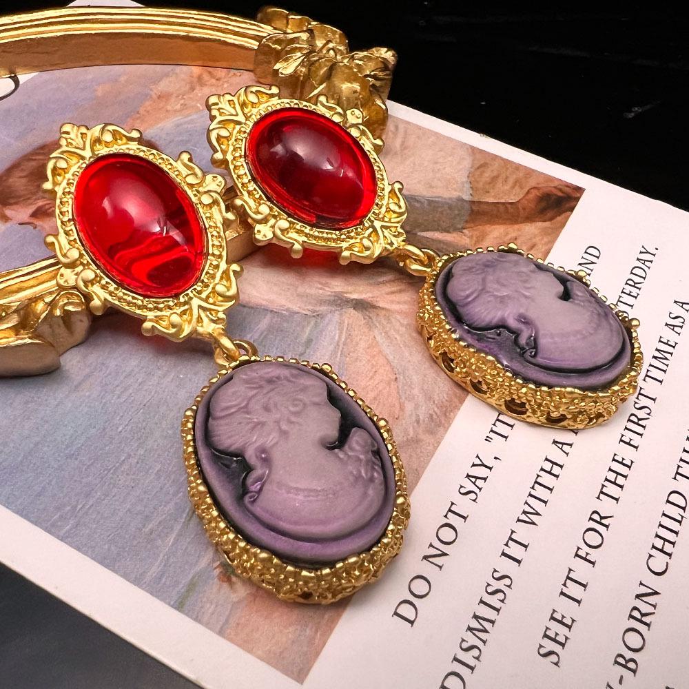 Vintage-Style Gold-Plated Copper Cameo Earrings with 925 Silver Needle & Glass Elements