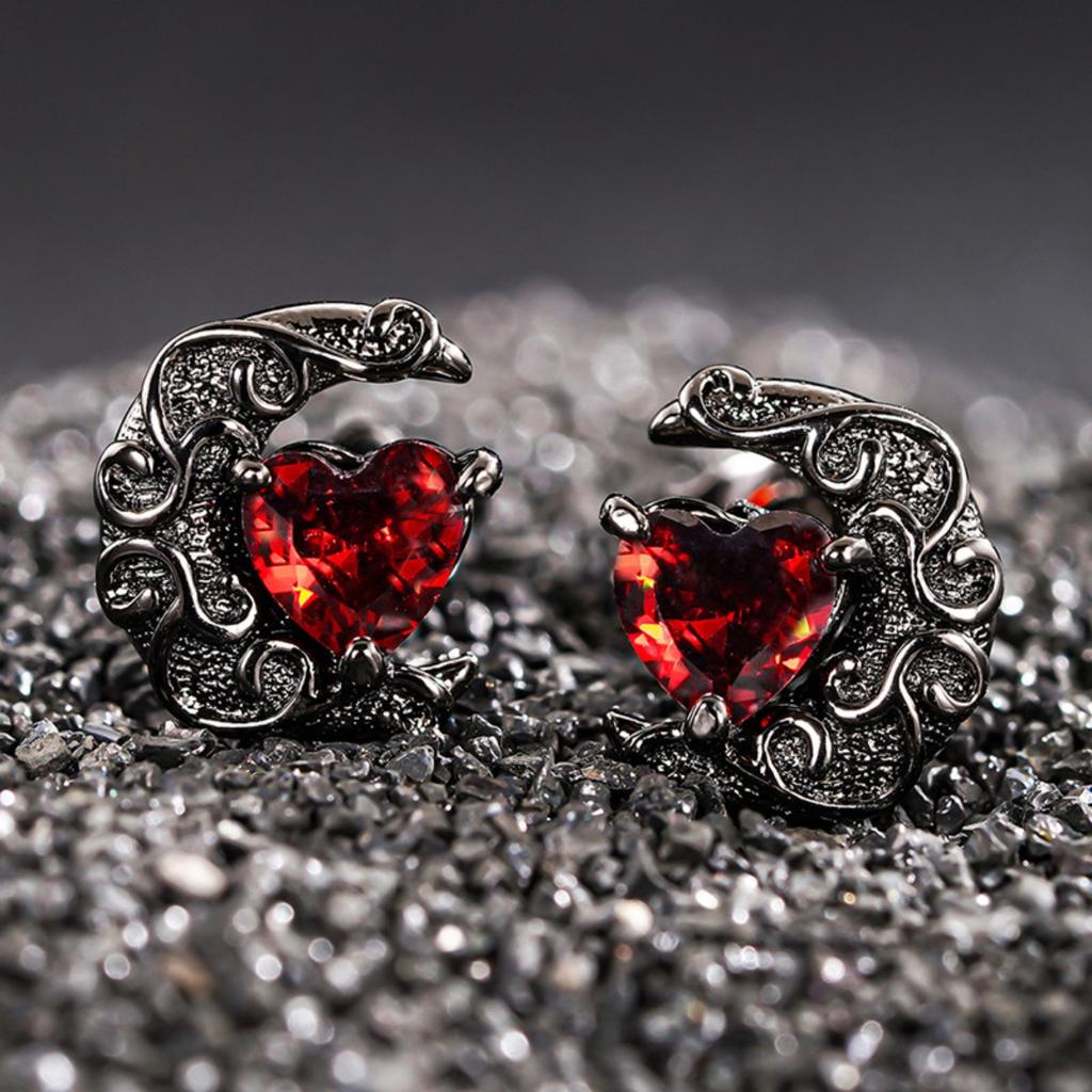 Vintage Black Plated Moon Red Heart Earrings for Women