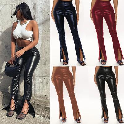 Frauen Mode Leder Hosen Schlitz Flare Hosen Schwarz Hohe Taille Dünne Beiläufige Vintage PU Leder Hosen Dame