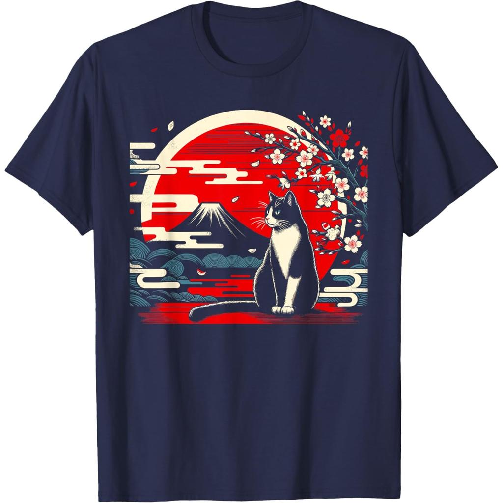 Japanese Ukiyo Style Tuxedo Cat Graphic Tee Mount Fuji Cherry Blossom Print Casual T-Shirt