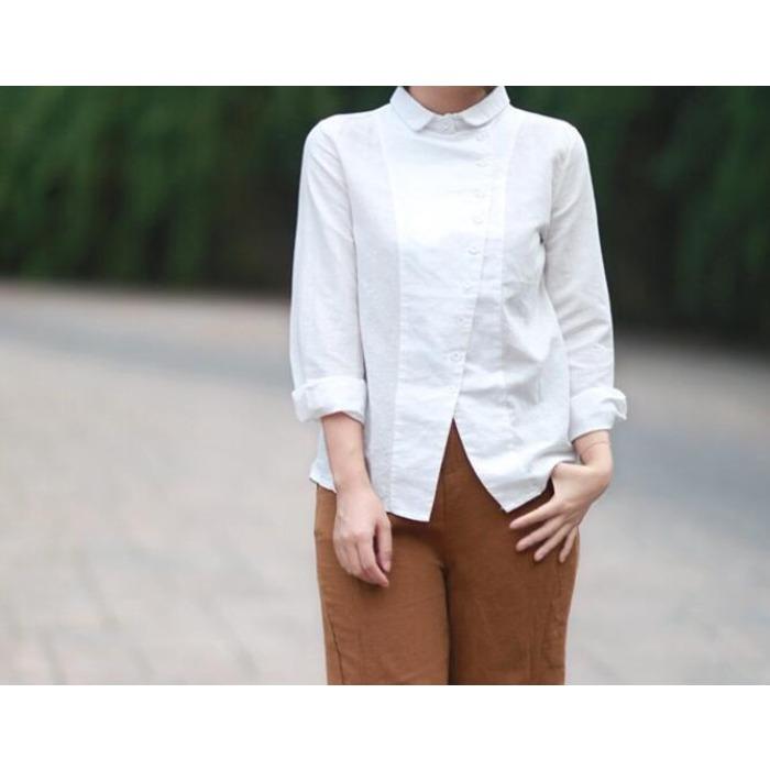 Spring/Summer  Women's Cotton and Hemp Shirt Loose Solid Color Linen Shirt Women's Polo Long Sleeve Shirt