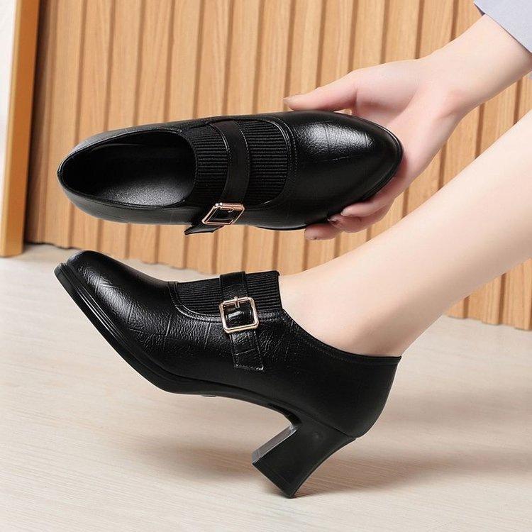 Elastic Fly-woven Pointed Deep-mouth Thick-heeled Single Shoes Autumn Retro Medium-heeled Small Leather Shoes