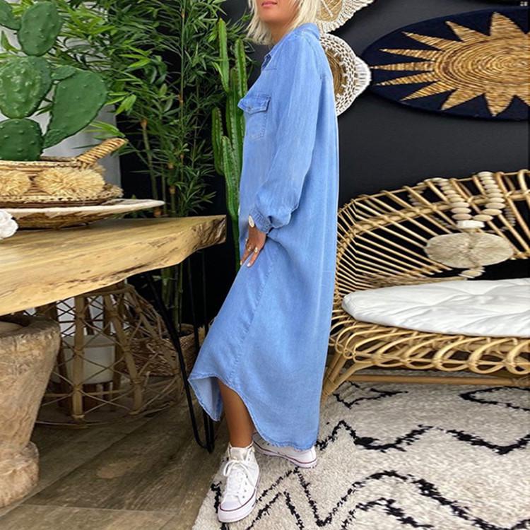 2023 European & American Fashion Denim Long Skirt with Shirt Collar