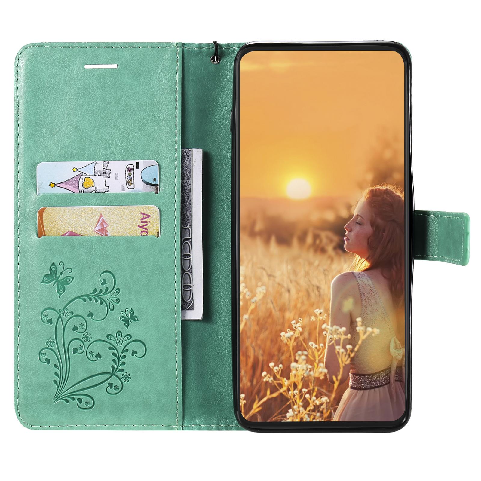 

For iPhone 15 Wallet Case Floral Butterfly Imprinted Leather Phone Cover Stand Green