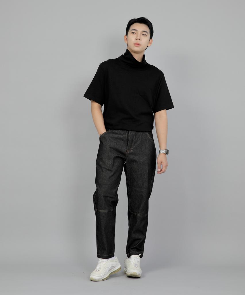 Seinteukeulu Tapered Cut Crop Half-Band Pants Tch-326 Black Denim Brs