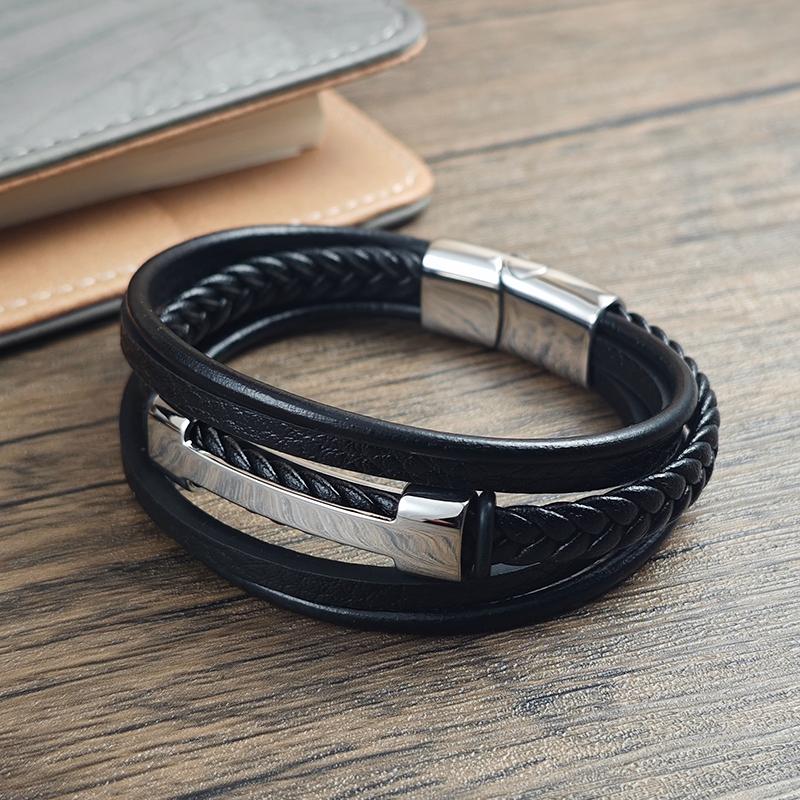 Charm Black Leather Multi-layer Rope Woven Men's Bracelet Stainless Steel I-shaped Magnetic Buckle Men's Jewelry Gift Bracelet