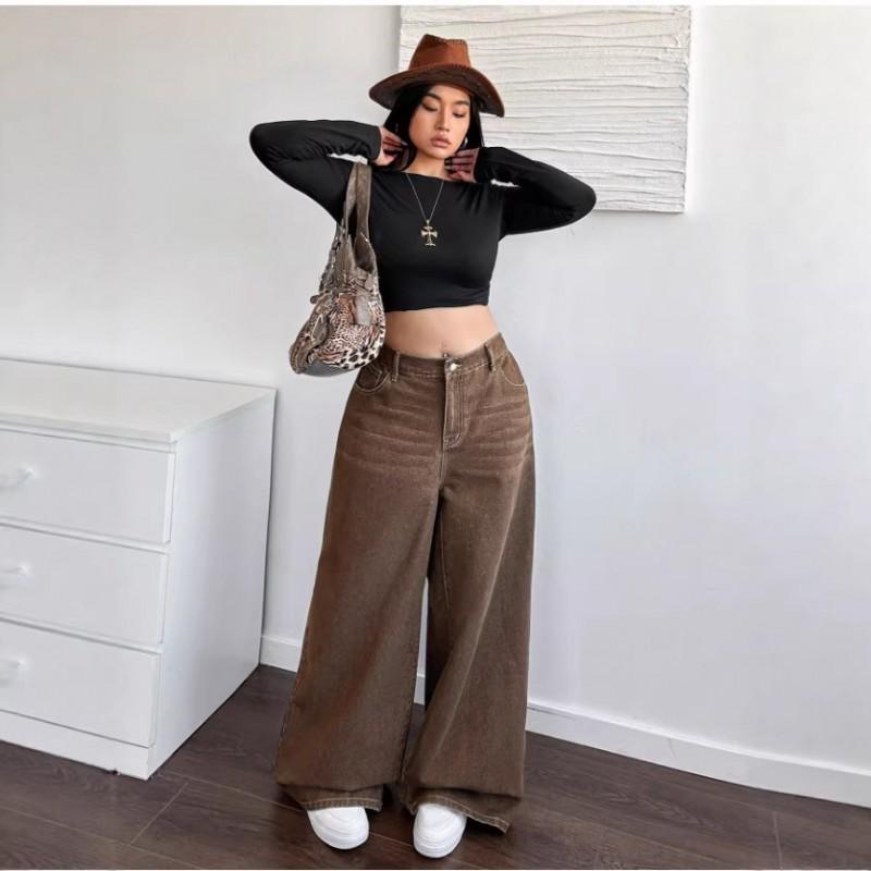 2026 Womens Brown Vintage Washed Relaxed Wide Leg Jeans