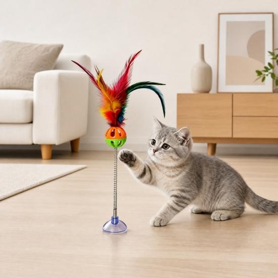 Lustiger Katzenangel mit Saugnapf, Federstange Interaktives Katzenfeder-Spielzeug mit Glöckchen, Buntes Feder-Teaser-Spielzeug für Wohnungskatzen und Kätzchen