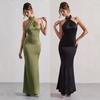 Abito Maxi Bodycon Satinato da Donna con Incrocio sul Collo, Scollo all'americana, Orlo a Sirena, Senza Maniche, Colore Unito, Elegante, da Sera, Cocktail, Ospite di Matrimonio, Abito Formale