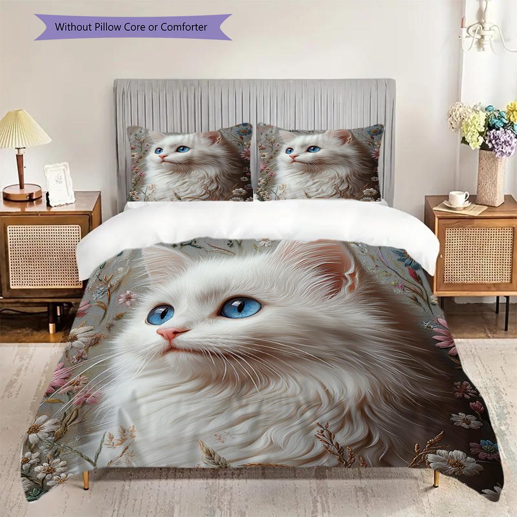 White Cat Pattern Bedding Quilt Set Quilt Cover Pillowcase Home Decoration Birthday Gift (1 * duvet cover + 2 * pillowcase, without core)