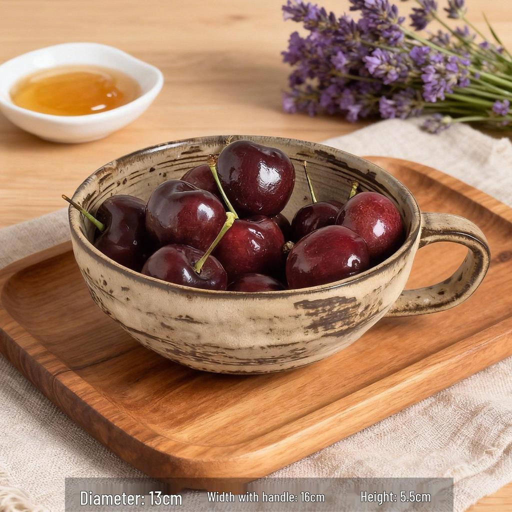 Japanese Retro Coarse Pottery Breakfast Bowl with Handle - Perfect for Salad, Dessert, or Yogurt.