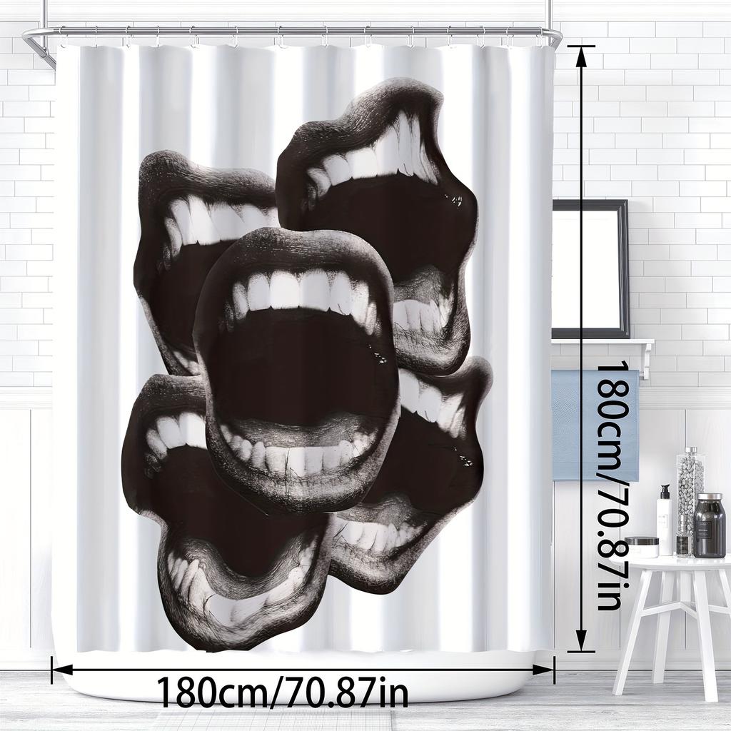 1pc Bold Modern Art Abstract Digital Print Shower Curtain - Polyester, Black & White Lips Design, Machine Washable, Includes Hoo