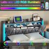 Smart Upholstered Platform Bed with Sync Colorful Lighting Charging Station Hidden Headboard Compartment and Rolling Baskets