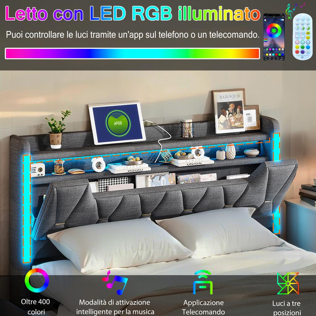 Smart Upholstered Platform Bed with Sync Colorful Lighting Charging Station Hidden Headboard Compartment and Rolling Baskets