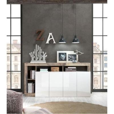 MAESTRO Sideboard - Particleboard - Vintage Wood Effect and Lacquered White - 4 Doors - L 184 X D 42 X H 93 Cm