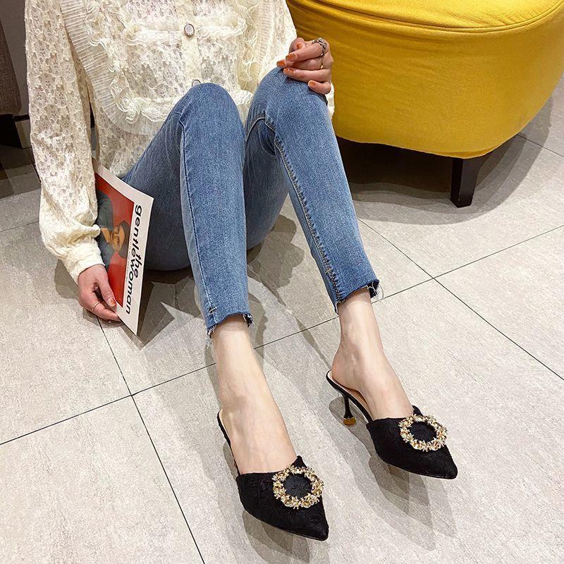 New Chinese temperament lazy fashion pointed rhinestones 2025 summer and autumn new high-heeled slippers thin-heeled bag head slippers