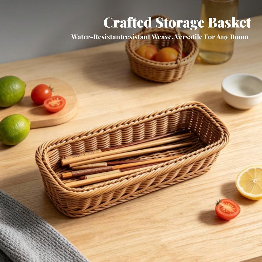 Rectangular Woven Storage Basket with Rounded Corners Handwoven for Dining Table