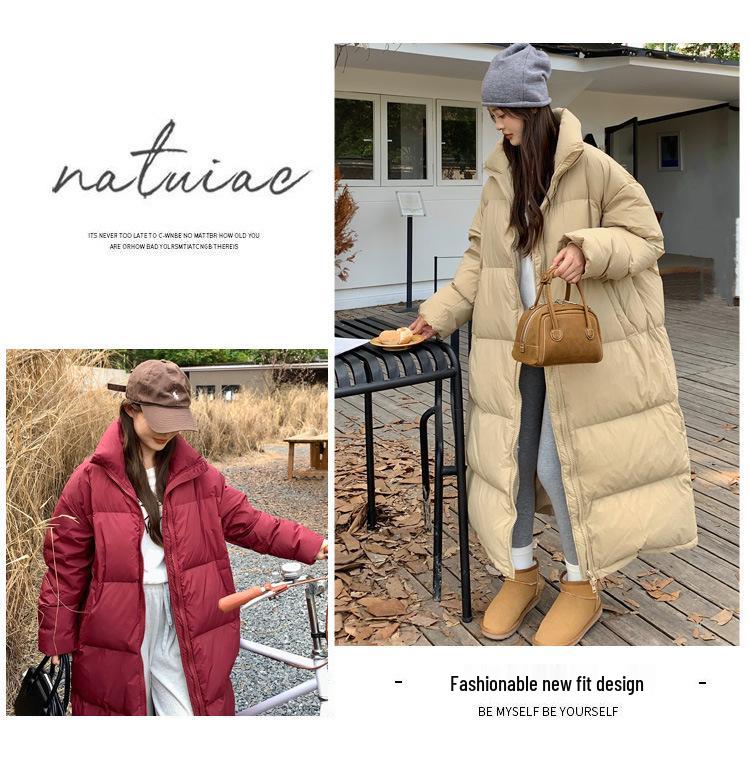 Women's Thick Padded Over-the-Knee Cotton Coat with Stand-Up Collar, Loose Fit, Plus Size, Long-Length Warm Outerwear.