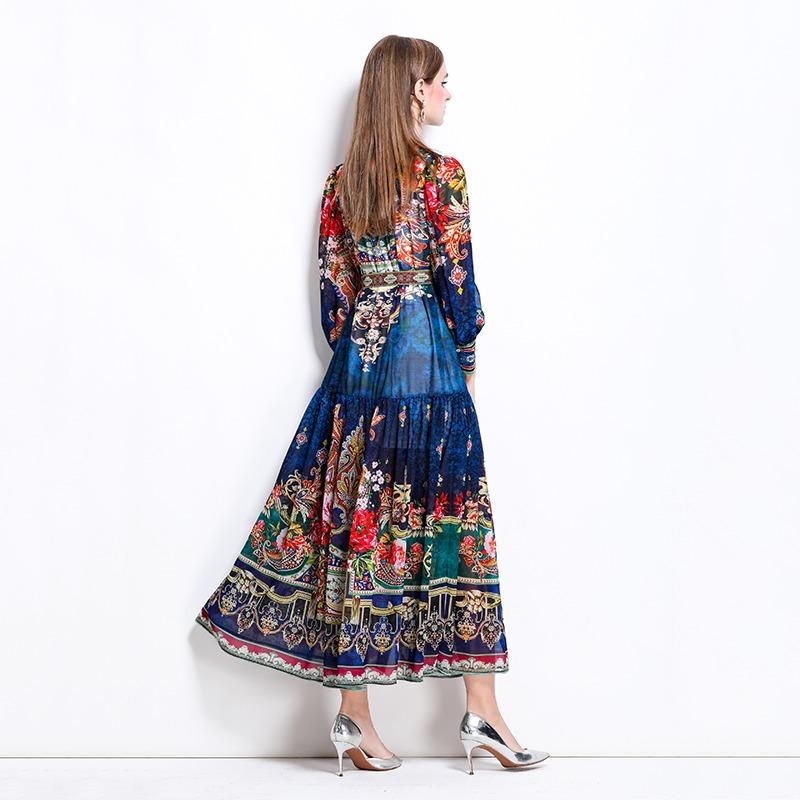 Spring Summer Women Stand Collar Lantern Sleeve Vintage Print Chiffon Loose Long Maxi Holiday Beach Dresses