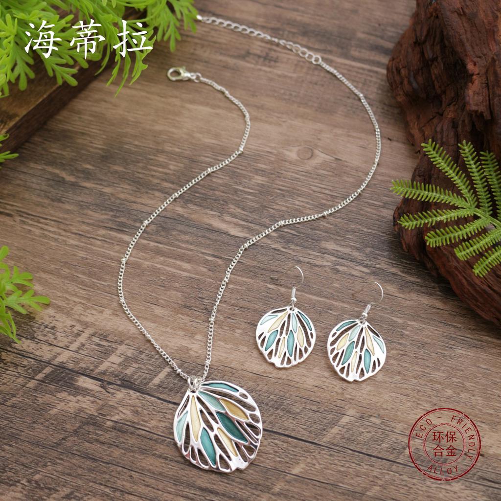 New enamel color hollow leaf earrings pendant set, women's simple versatile leaf necklace
