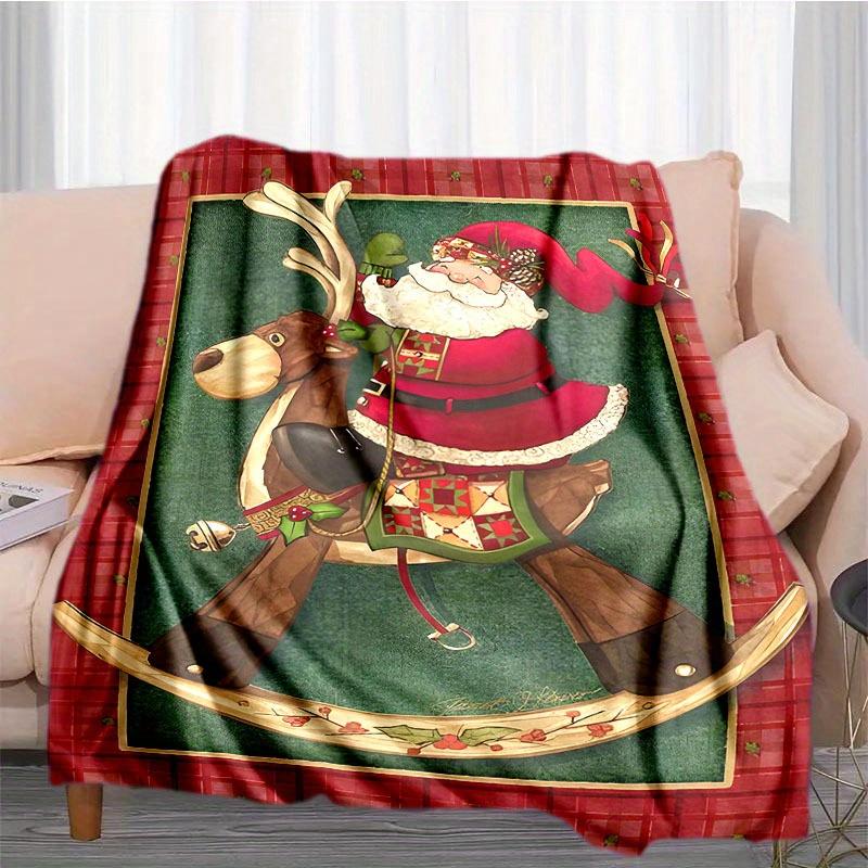 Christmas Santa Claus Reindeer Throw Blanket - Polyester Flannel Knitted, Digital Print, Stain-Resistant, All-Season Cozy