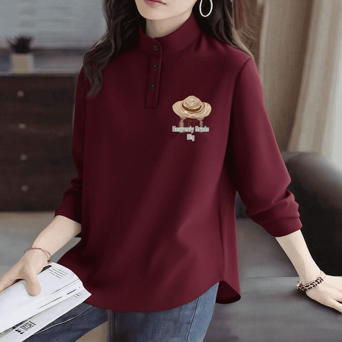 

Half-High Collar Velvet-Lined Autumn/Winter Print Top with Versatile Hem Design 2XL - 130-145 jin