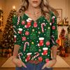 Women's Christmas Print V-Neck Three-Quarter Sleeve Loose Fit Casual Shirt