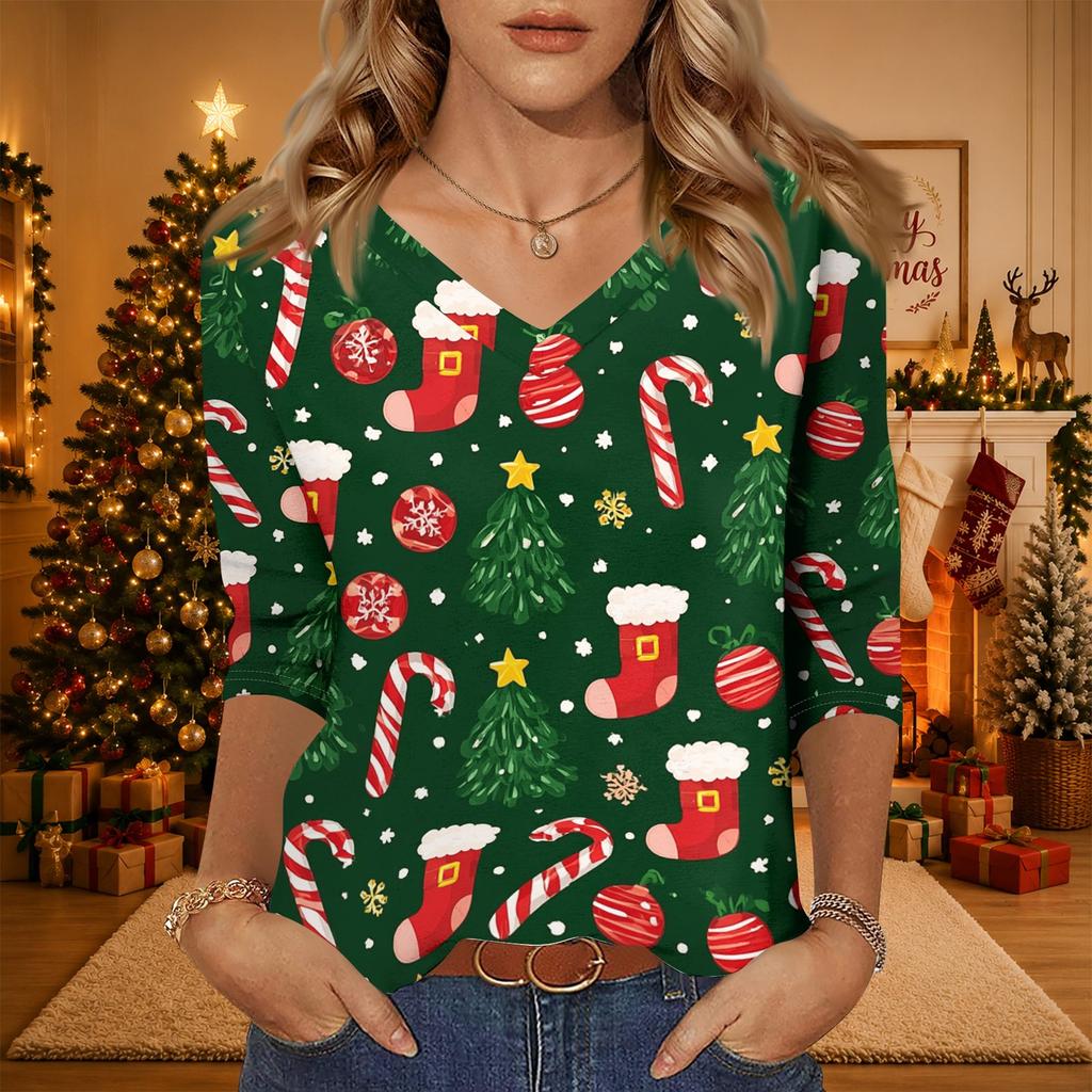 Women's Christmas Print V-Neck Three-Quarter Sleeve Loose Fit Casual Shirt