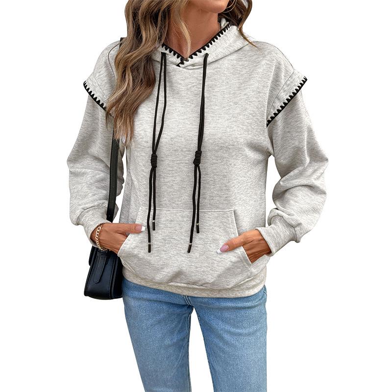 Cross-Border 2026 Women's Loose Color Block Piping Hooded Sweatshirt - New Korean Casual Style