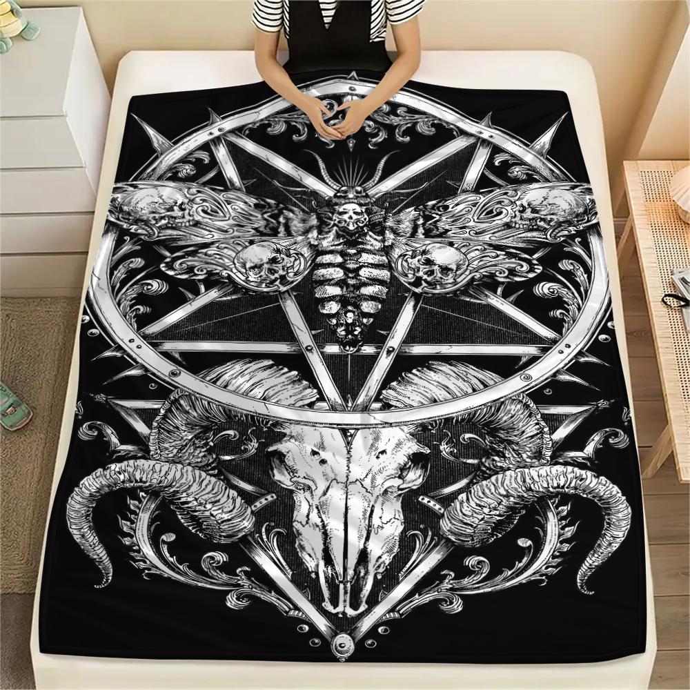 1Pc Skull Satan Print Flannel Blanket, High Quality Comfortable for All Seasons, Home Decor, Warmth and Comfort, Perfect for Christmas Gifts