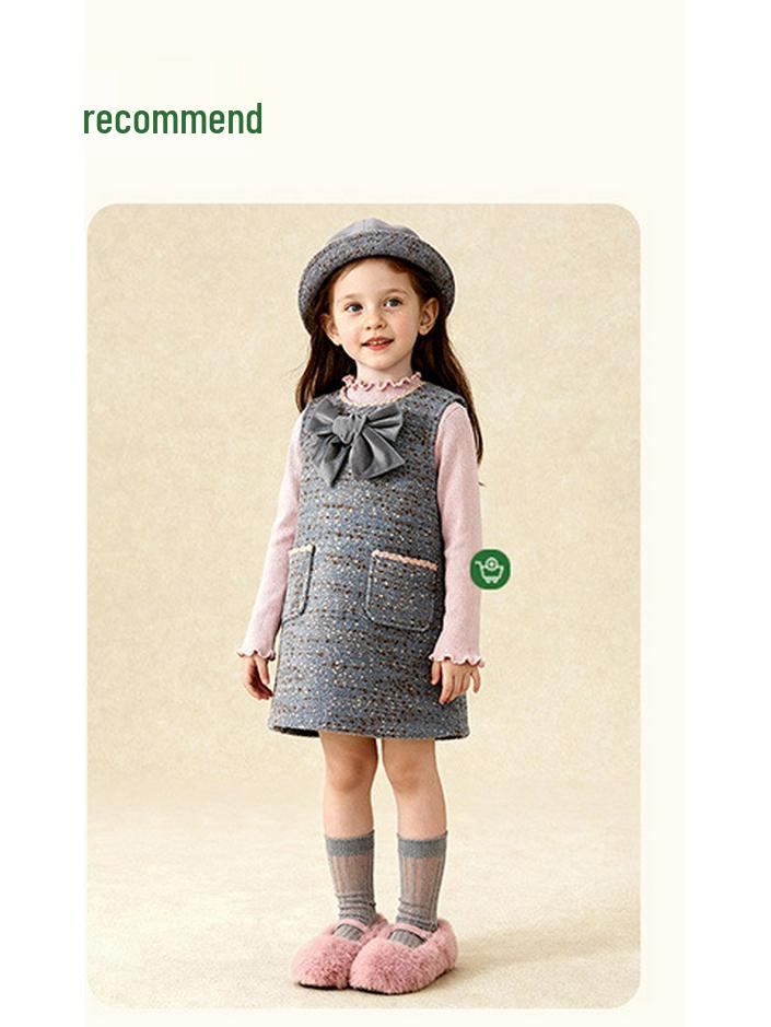 Tongbei 2025 Winter Girls' Sweet Bow Wool Sleeveless Dress