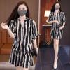 Plus Size Chic Striped Women's Two-Piece Set: Summer Shirt & Shorts, Flattering, Loose Fit, Age-Reducing.