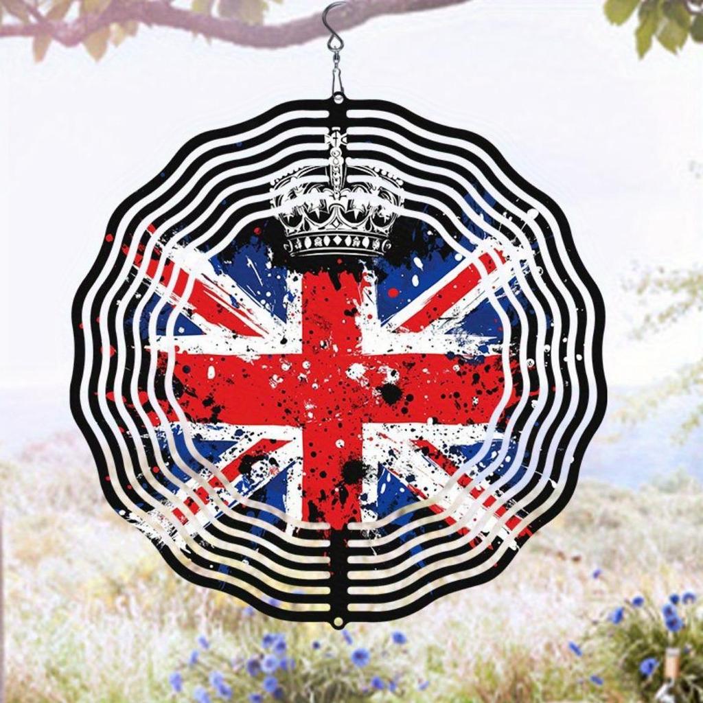 Metal Art Windmill Outdoor Decor British Flag Crown Pattern Wind Spinner 3D Dynamic Garden Art High Quality Sublimated Windmill for Home Yard