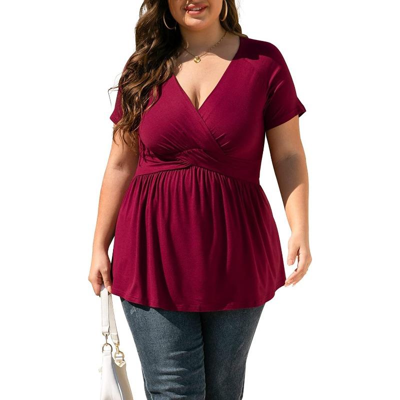 

Летняя женская футболка больших размеров, топ с v-образным вырезом и короткими рукавами 5XL бордовый