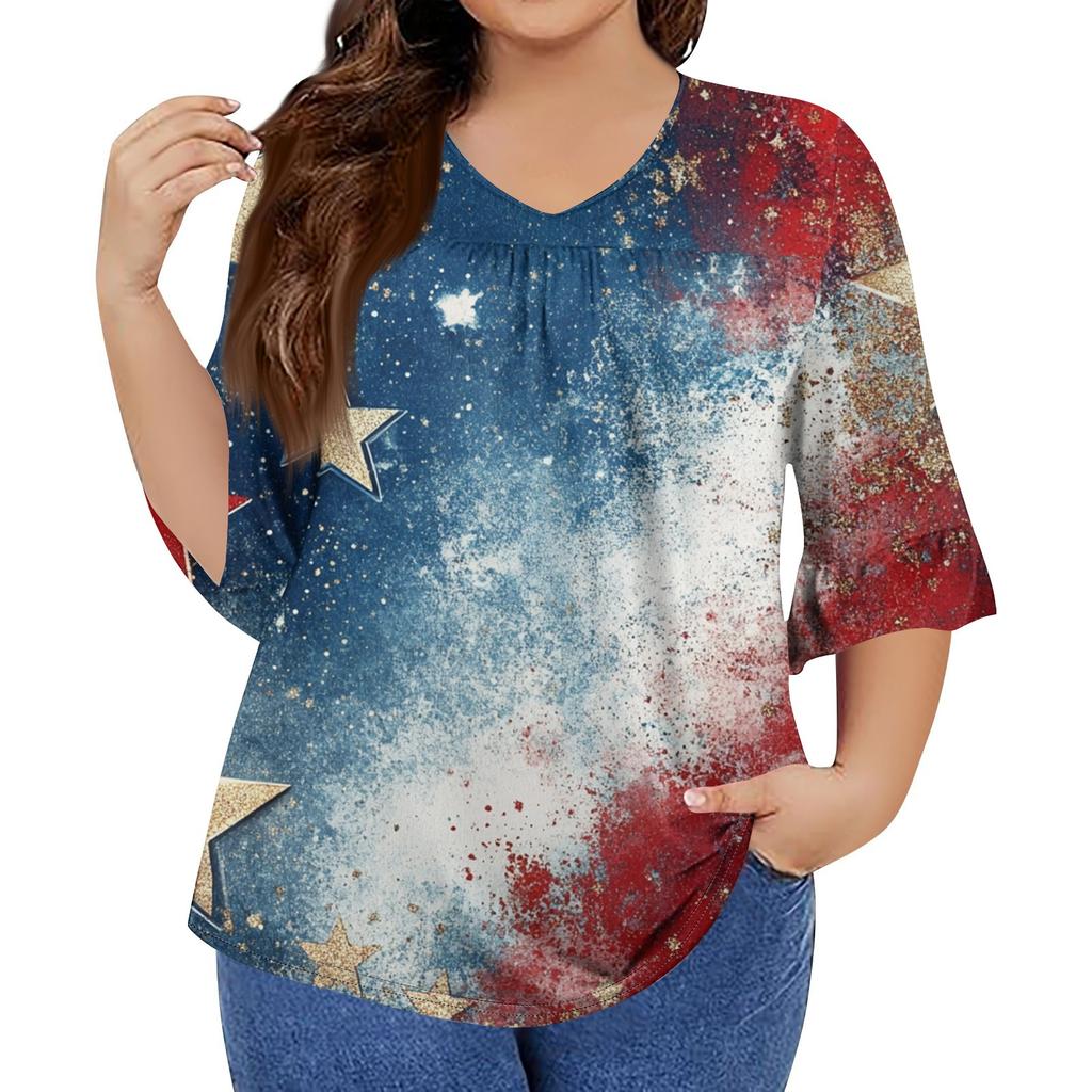 Women's Fashion Casual V-Neck Seven Sleeve Ruffle Sleeve Independence Day Printed T-Shirt Tops Plus Size Women's